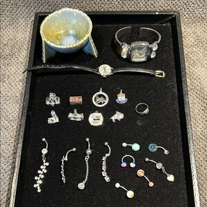Lot 10 Belly Rings 8 Sterling Silver Charms 2 watches 1 Porcelain Ring Dish